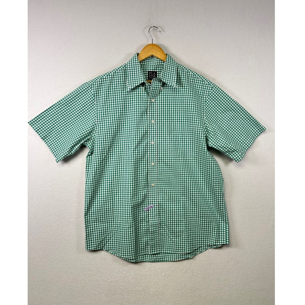 JOS A BANK Mens Green White Gingham Check Button Up Shirt Traveler Collection L